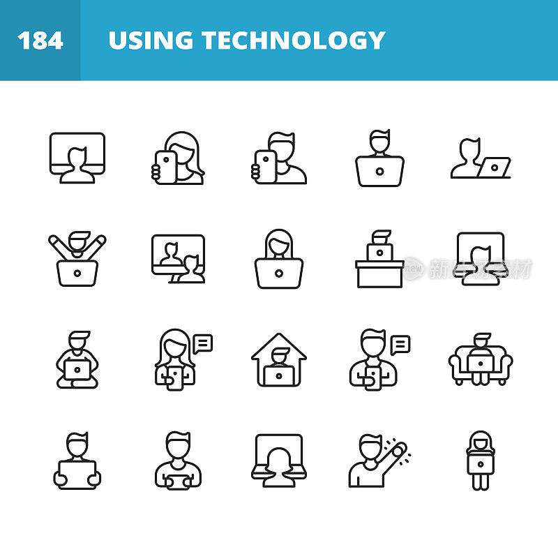 Using Technology Line Icons. Editable Stroke. Pixel Perfect. For Mobile and Web. Contains such icons as Smartwatch, Smartphone, Laptop,Tablet, Keyboard, Video Games, E-Reader, Notification, Taking Selfie, Work From Home, Video Conference, Technology.